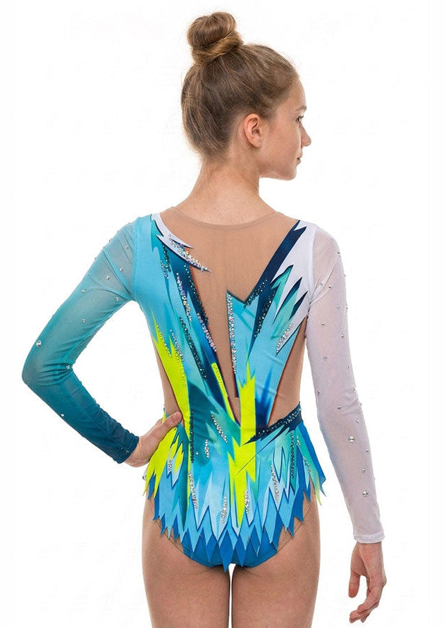 Body professionale da ginnastica ritmica con manica lunga asimmetrica in bianco e blu.