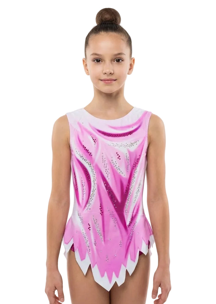 Body da ginnastica ritmica rosa e bianco con sfumatura artistica e dettagli in strass brillanti per competizione.