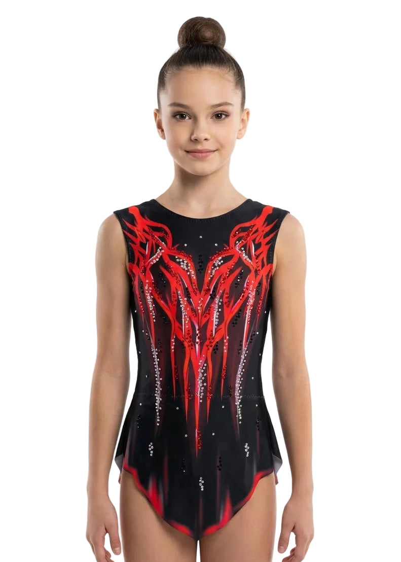 Body da ginnastica ritmica nero e rosso con design a fiamme, strass brillanti e tessuto elastico professionale.