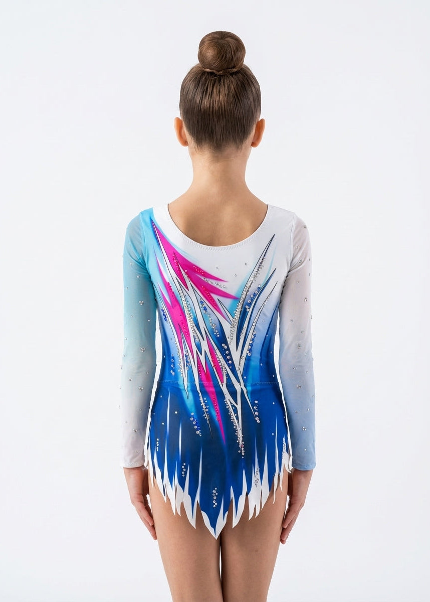 Body ritmica elastico design asimmetrico blu e fucsia con strass modello Washington