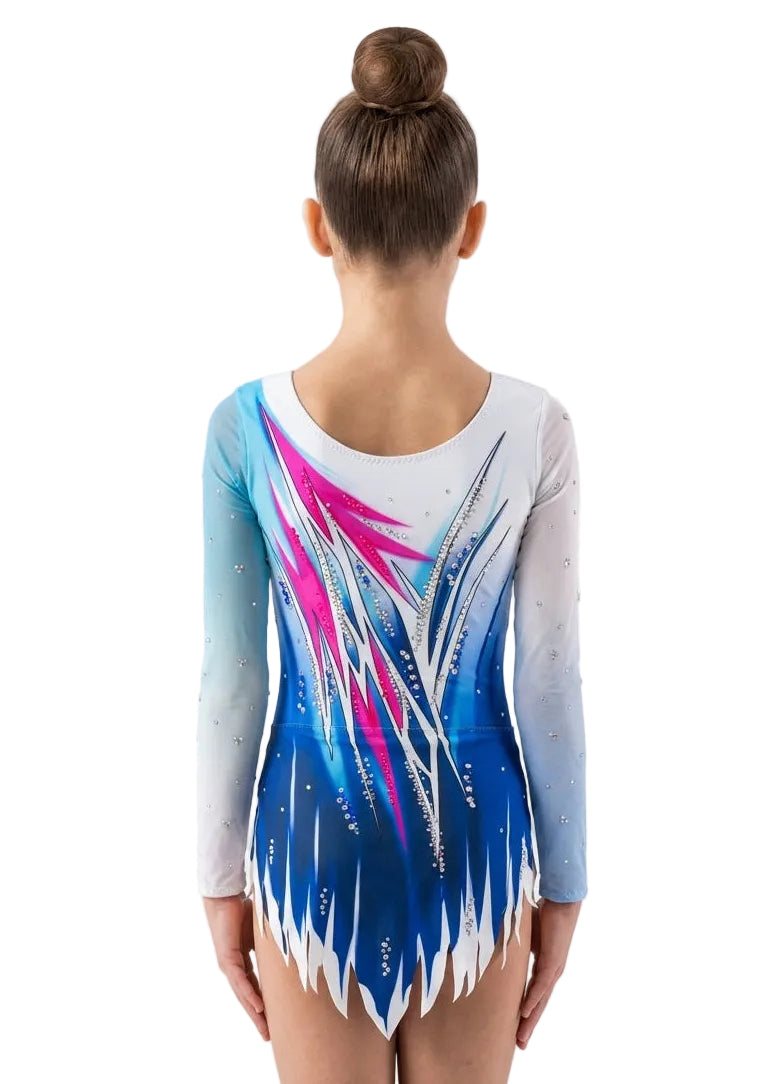 Body ritmica elastico design asimmetrico blu e fucsia con strass modello Washington
