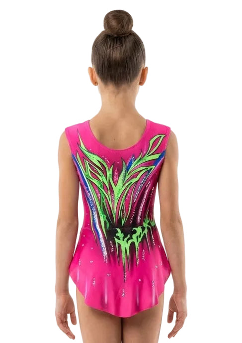 Body da ginnastica ritmica Portland fucsia e verde neon con strass brillanti e taglio ergonomico per ginnaste.