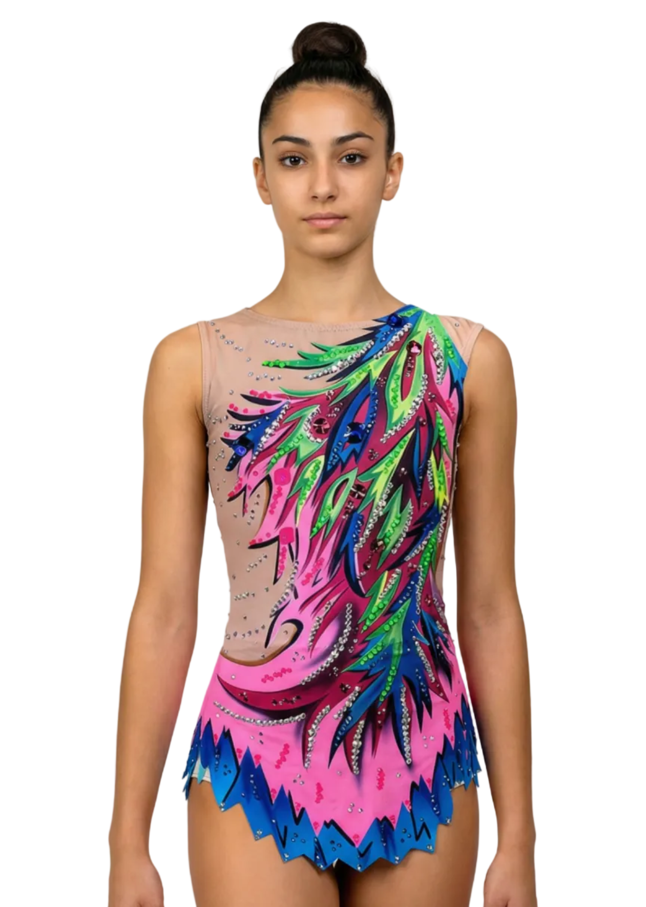 Body da gara per ginnastica ritmica in rosa e blu con tocchi di verde, abbondanti strass e motivi a fiamme per uno stile vibrante.
Body da gara per ginnastica ritmica color chiaro con rosa intensi, dettagli verdi e blu, strass e design a fiamme dall'aspetto dinamico.
Body da gara per ginnastica ritmica visto di schiena su base chiara con rosa, verde e blu, strass sparsi e motivi a fiamme fluidi.
