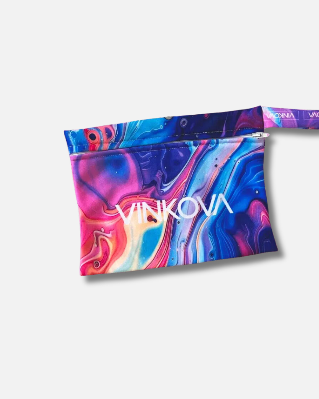 Pochette Vinkova con stampa multicolore rosa e blu, zip e cinturino.