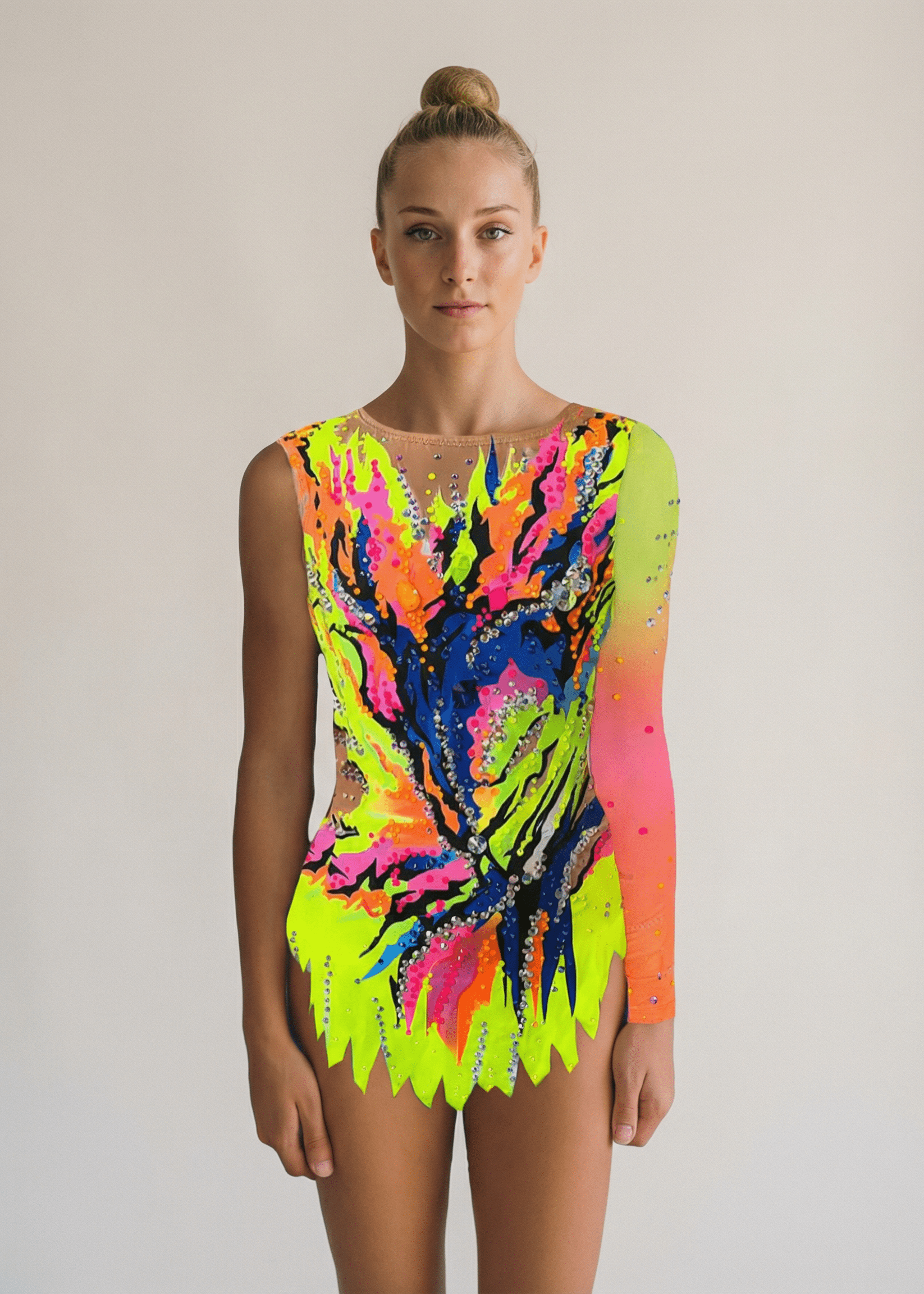 Maillot de gimnasia rítmica neón multicolor con pedrería abundante, transparencias tono piel y una manga larga degradada en estilo explosivo.
Maillot rítmico en tonos neón con azul intenso, pedrería brillante, transparencias tono piel y falda recortada de diseño vibrante.
Espalda de maillot rítmico neón multicolor con pedrería dispersa, transparencias tono piel y formas dinámicas de estilo llamativo