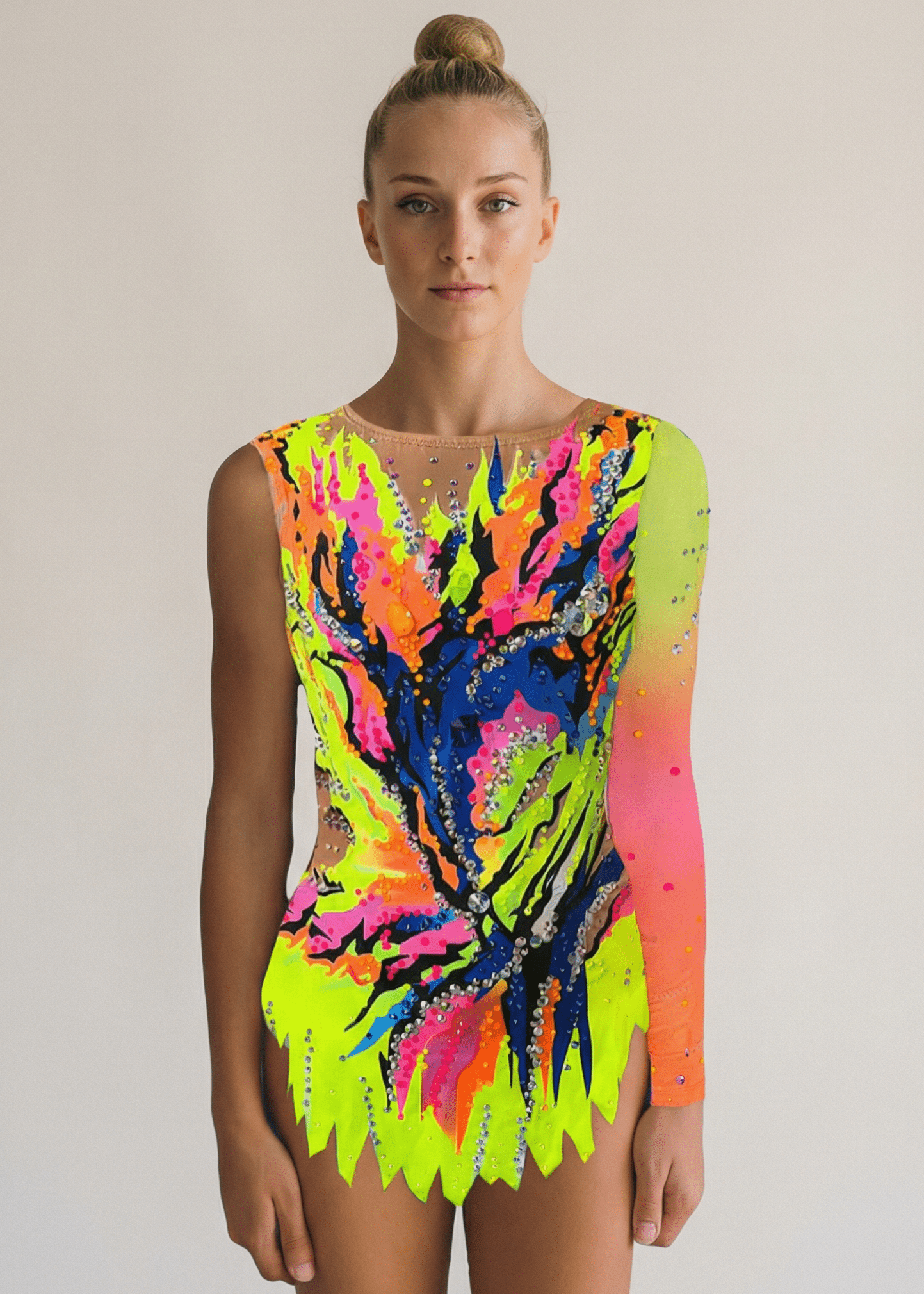 Maillot de gimnasia rítmica neón multicolor con pedrería abundante, transparencias tono piel y una manga larga degradada en estilo explosivo.
Maillot rítmico en tonos neón con azul intenso, pedrería brillante, transparencias tono piel y falda recortada de diseño vibrante.
Espalda de maillot rítmico neón multicolor con pedrería dispersa, transparencias tono piel y formas dinámicas de estilo llamativo