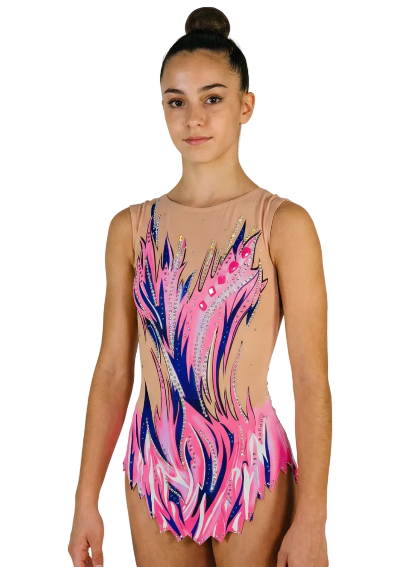 Body da gara per ginnastica ritmica in rosa e blu con sfumature, cristalli raffinati e motivi a fiamme per uno stile vibrante.
Body da gara per ginnastica ritmica color chiaro con rosa intensi, bagliori blu, strass brillanti e design a fiamme dall'aspetto dinamico.
Body da gara per ginnastica ritmica visto di schiena su base chiara con rosa e blu, strass delicati e motivi a fiamme fluidi.