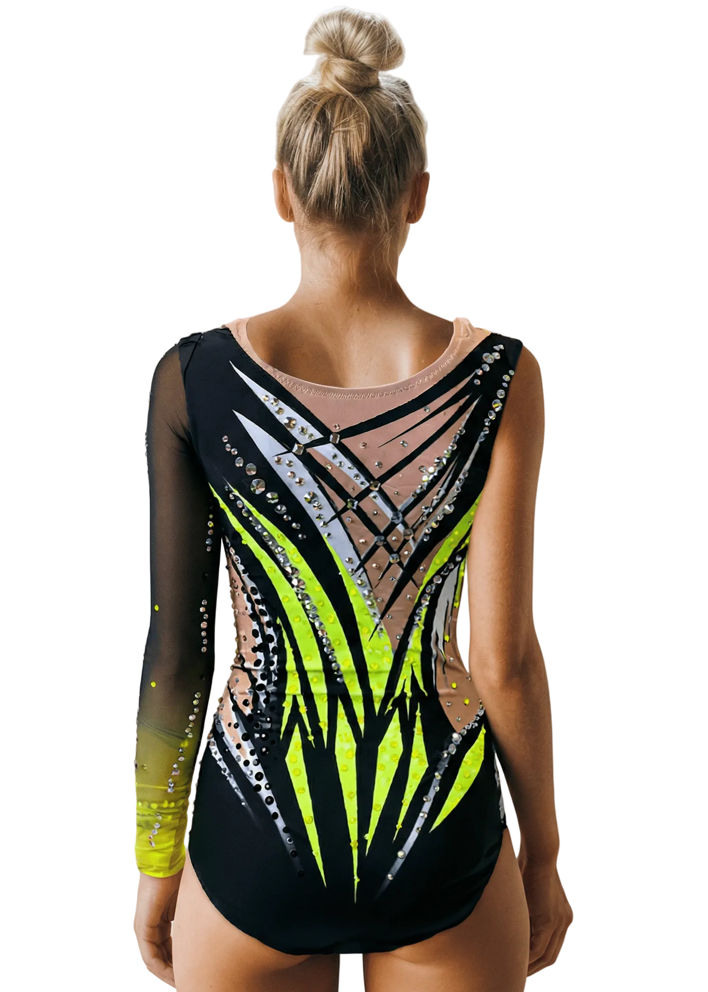 Schiena di un body da ritmica nero e giallo neon con rete color nudo, strass brillanti e linee definite in stile energico.
Schiena di un body da gara per ginnastica ritmica in nero e giallo neon con abbondanti strass, rete color nudo e design grafico marcato.
Schiena di un body da ritmica nero e giallo neon con sfumature, strass sparsi e forme a punta dallo stile moderno.