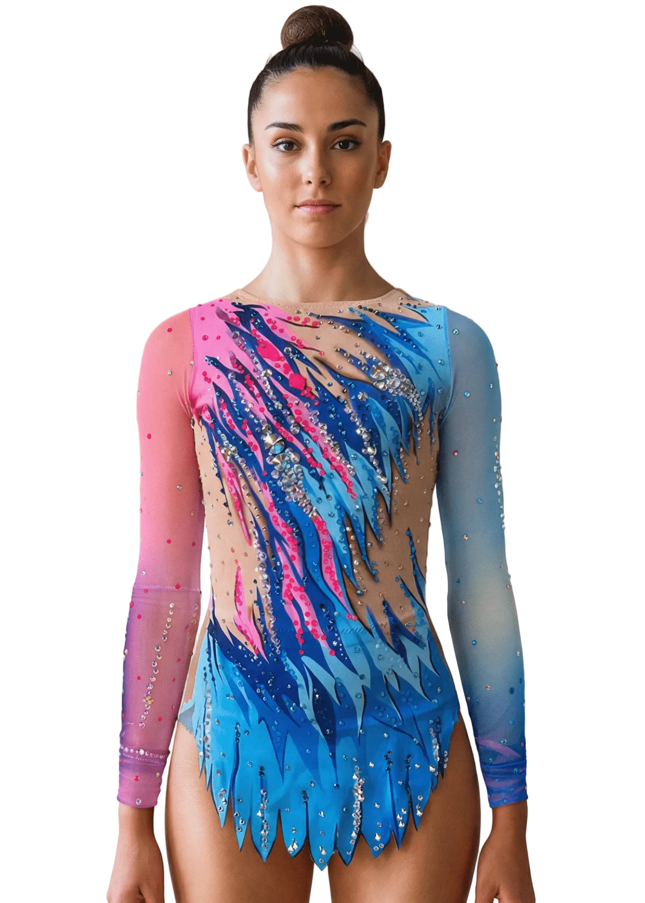 Body da ritmica rosa e blu con sfumature, trasparenze color nudo, strass brillanti e maniche lunghe in uno stile dinamico.
Body da ginnastica blu e rosa con effetti fiammeggianti, strass abbondanti, maniche sfumate e trasparenze color nudo dallo stile vibrante.
Schiena del body da ritmica in blu e rosa con sfumature fluide, strass sparsi e trasparenze color nudo dalla finitura elegante.