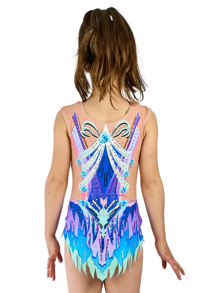 Body da gara con design araldico simmetrico in blu royal e viola.
