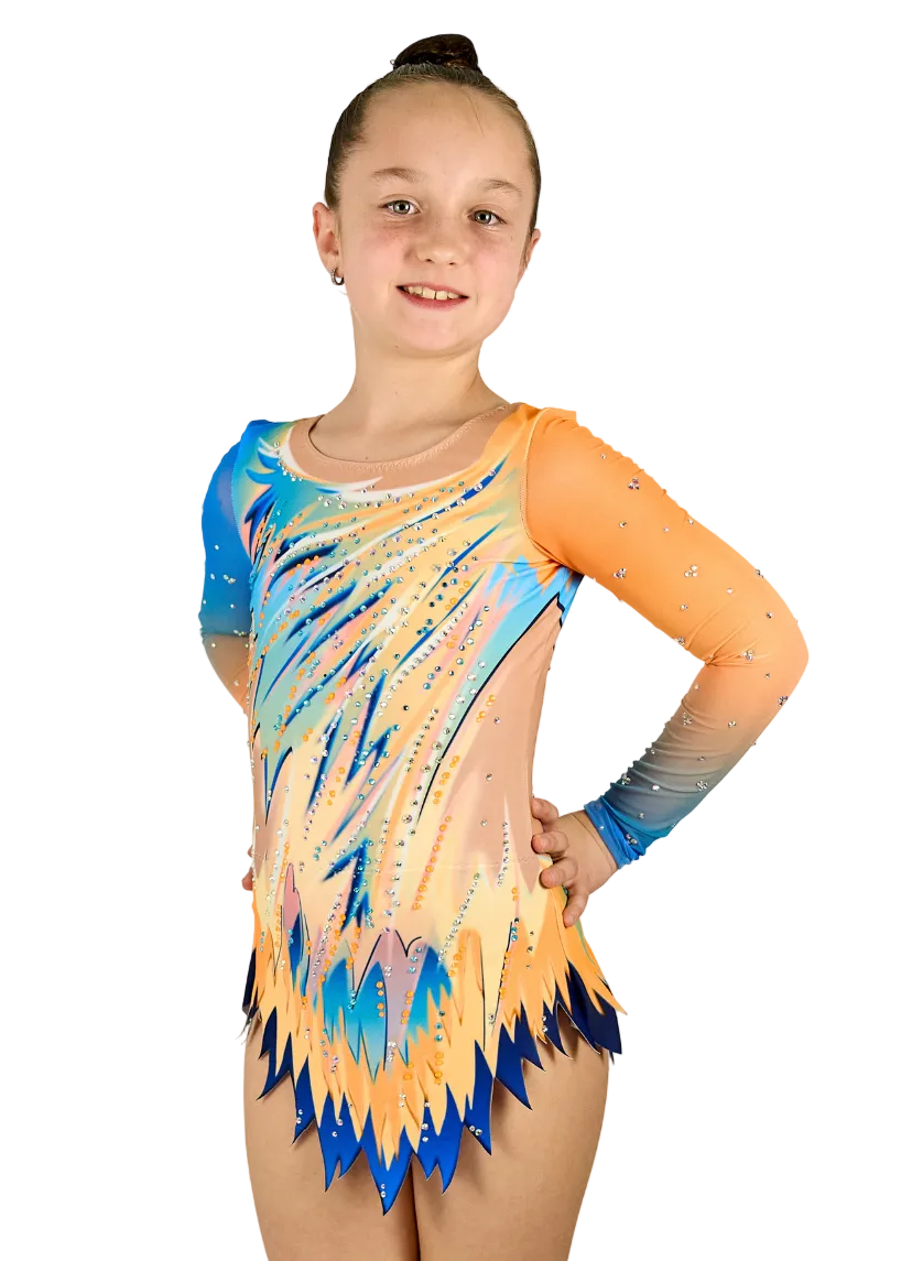 Body da ginnastica ritmica modello Sacher in blu e arancione con strass.