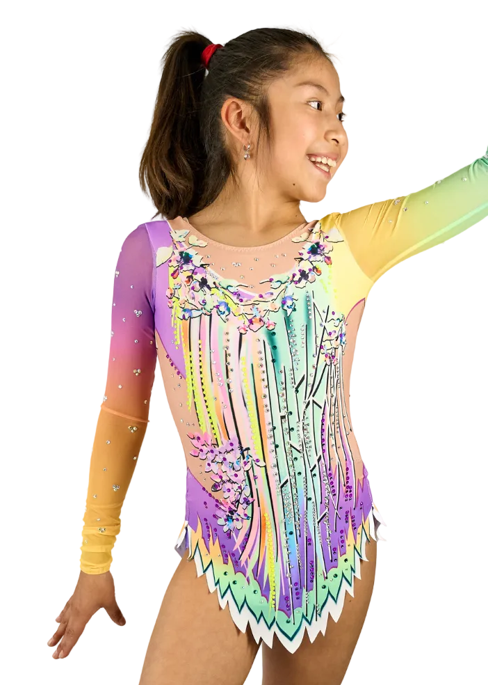 Body da ginnastica ritmica modello Trufa multicolore con fiori e strass.