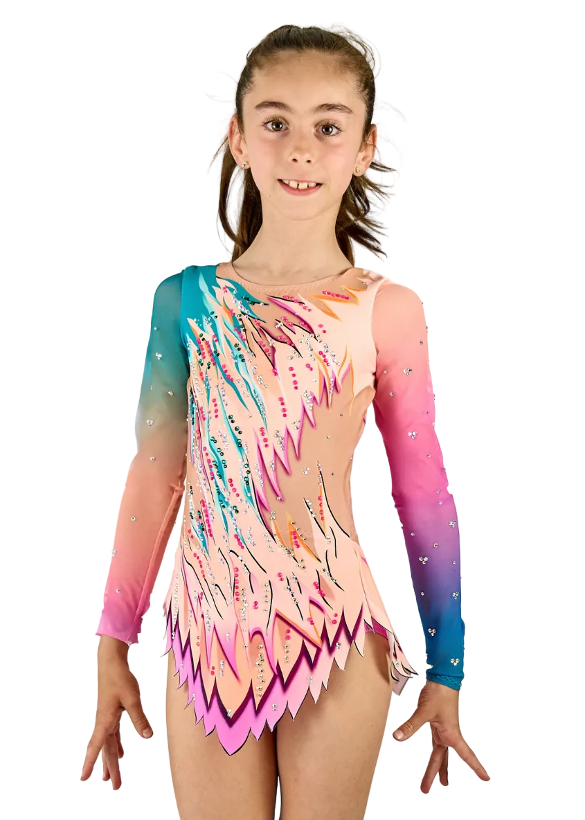 Body da ginnastica ritmica modello Carrot in tonalità corallo e blu con strass.
