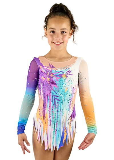 Body da ginnastica ritmica modello Mochi multicolore con dettagli in strass.