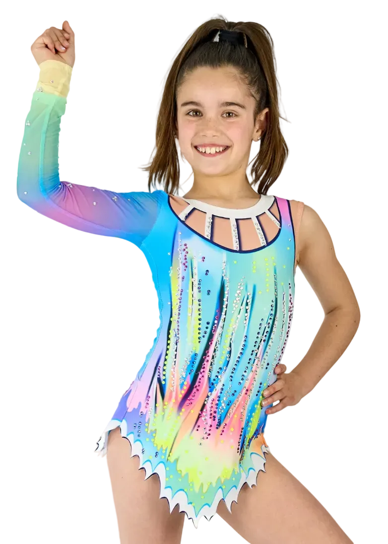 Body da ginnastica ritmica modello Nube con manica asimmetrica in blu e verde.