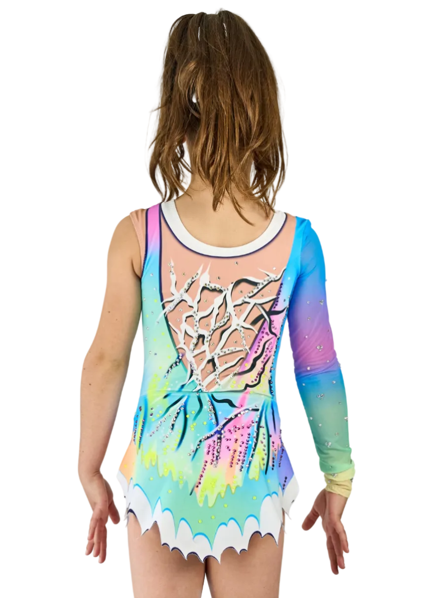 Body da gara con scollo geometrico bianco e sfumatura multicolore fluo.