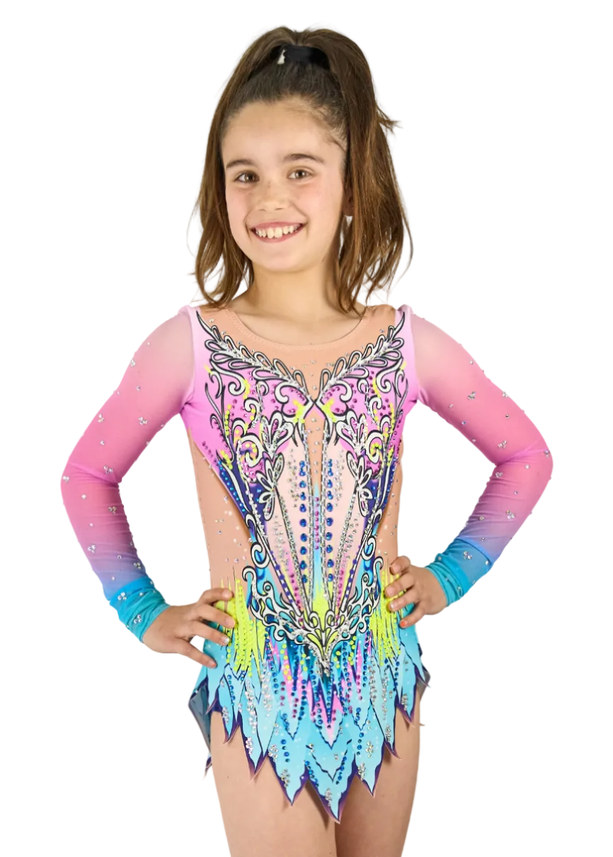 Body da ginnastica ritmica modello Gofre nei toni del rosa e del blu con strass.