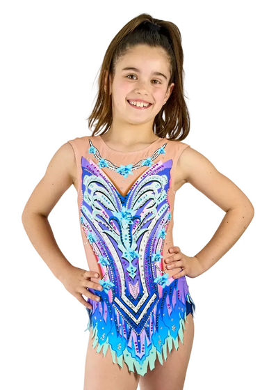 Body da ginnastica ritmica modello Mousse color lilla e turchese con fiori.
