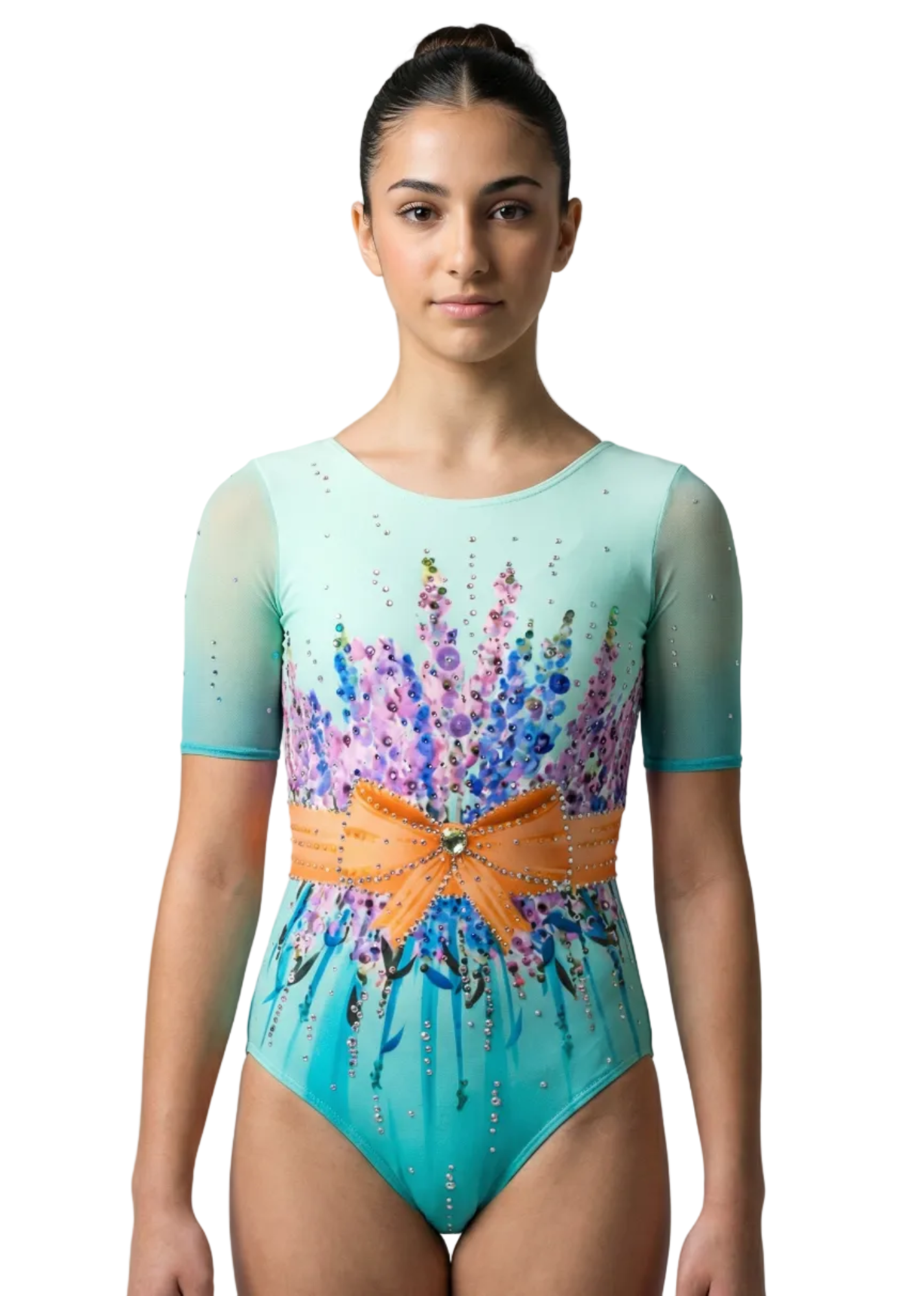 Body turchese per ginnastica ritmica con maniche corte, strass floreali multicolore e grande fiocco arancione centrale in stile delicato.
Body per ritmica turchese con sfumature, maniche corte e strass floreali accompagnati da un fiocco arancione che risalta il design.
Body turchese per ginnastica ritmica con strass floreali e fiocco arancione posteriore in uno stile luminoso e armonico.