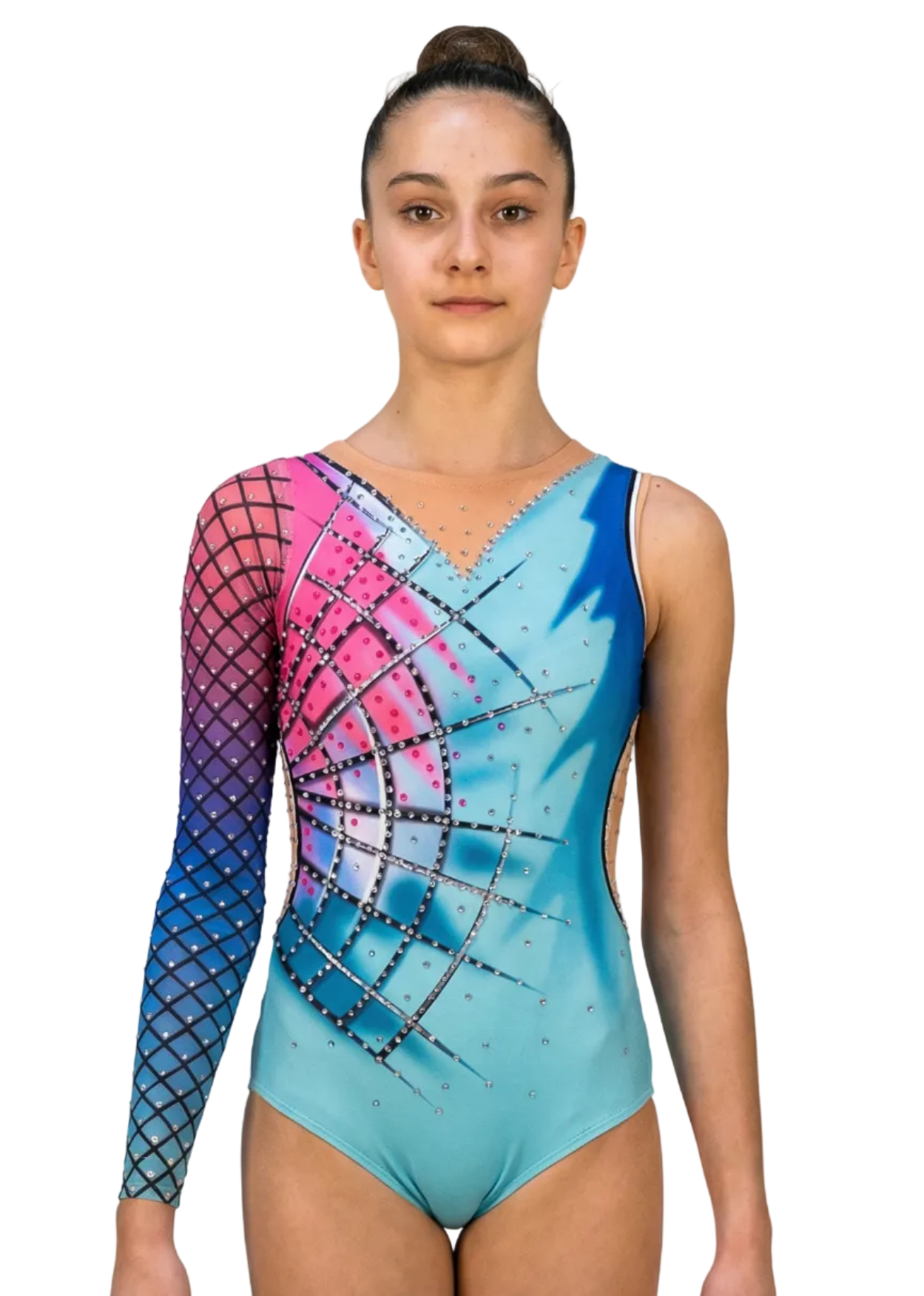 Body per ritmica turchese con sfumature rosa-blu, strass e manica lunga geometrica per uno stile moderno e vibrante.
Body da ginnastica in turchese con design asimmetrico rosa-blu, rete geometrica e strass per una finitura dinamica e attuale.
Retro del body per ritmica turchese con sfumature rosa-blu, rete geometrica e strass in uno stile contemporaneo e accattivante.
