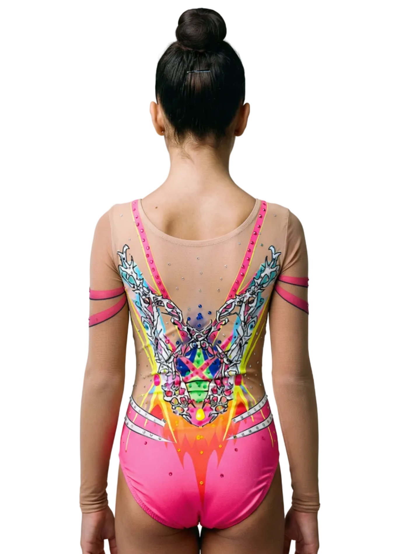 Body da gara per ginnastica ritmica rosa e giallo con trasparenze, strass e design centrale geometrico multicolore in uno stile vibrante e dettagliato.
Body per ritmica nei toni del fucsia e neon con trasparenze, strass e motivi simmetrici che creano un look dinamico e luminoso.
Retro del body per ritmica rosa con trasparenze, strass e design geometrico multicolore in uno stile brillante ed esuberante.