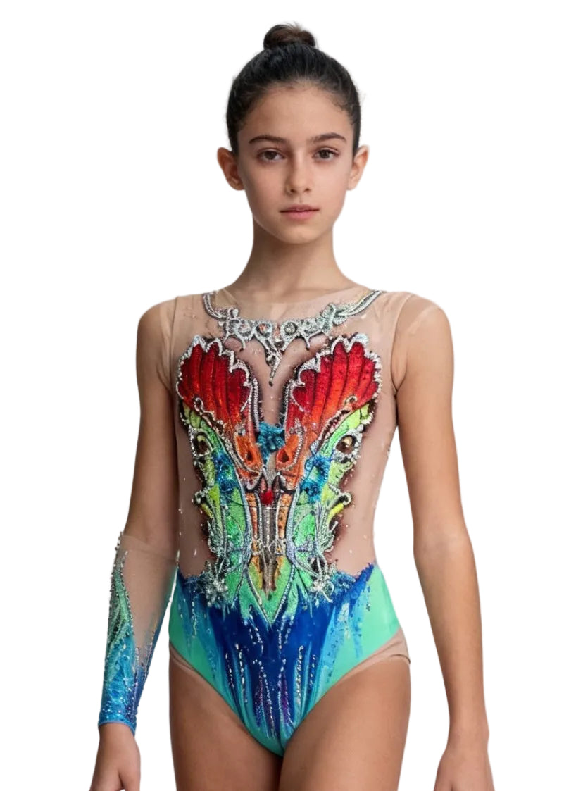 Body da gara per ginnastica ritmica verde, blu e rosso con abbondanti strass, rete color nudo e una manica lunga in stile fantasia.
Body per ritmica multicolore con dettagli rossi e verdi, strass brillanti, rete color nudo e una manica lunga sfumata dal design ornamentale.
Retro del body per ritmica verde e blu con strass sparsi, rete color nudo e motivi simmetrici in stile fantasia.