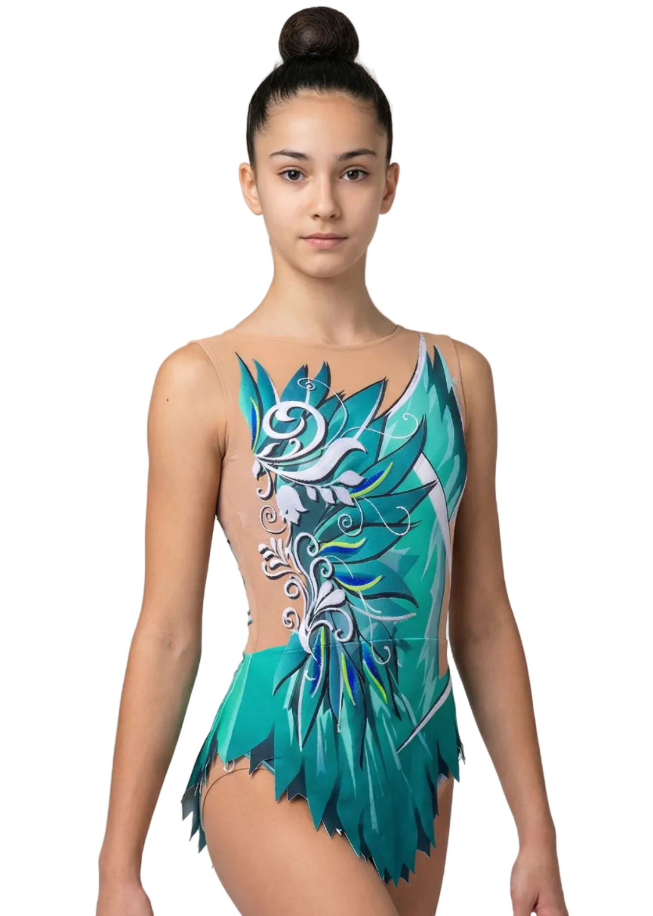 Body da gara per ginnastica ritmica nei toni del turchese e verde con strass, sfumature e motivi floreali per uno stile elegante.

Body per ginnastica ritmica in colore chiaro con verdi intensi, dettagli bianchi, strass brillanti e design floreale dall'aspetto dinamico.

Body per ginnastica ritmica visto sul retro su base chiara con verdi e turchesi, strass e motivi floreali fluidi.