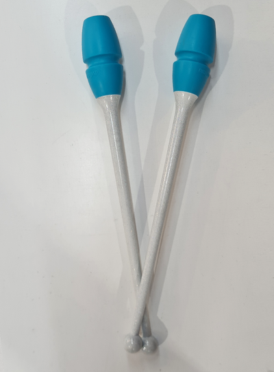 Clavette per ginnastica ritmica 41 cm bianco glitter e turchese incastrabili