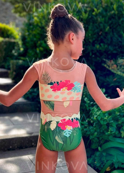 Body da ginnastica ritmica per l'allenamento con stampa artistica a tema surf e colori vibranti.