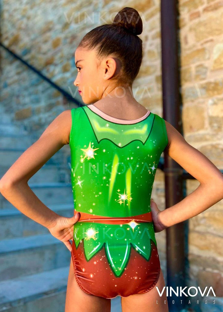 Body da ginnastica ritmica senza maniche con punte in vita e dettagli a polvere di fata per l'allenamento.