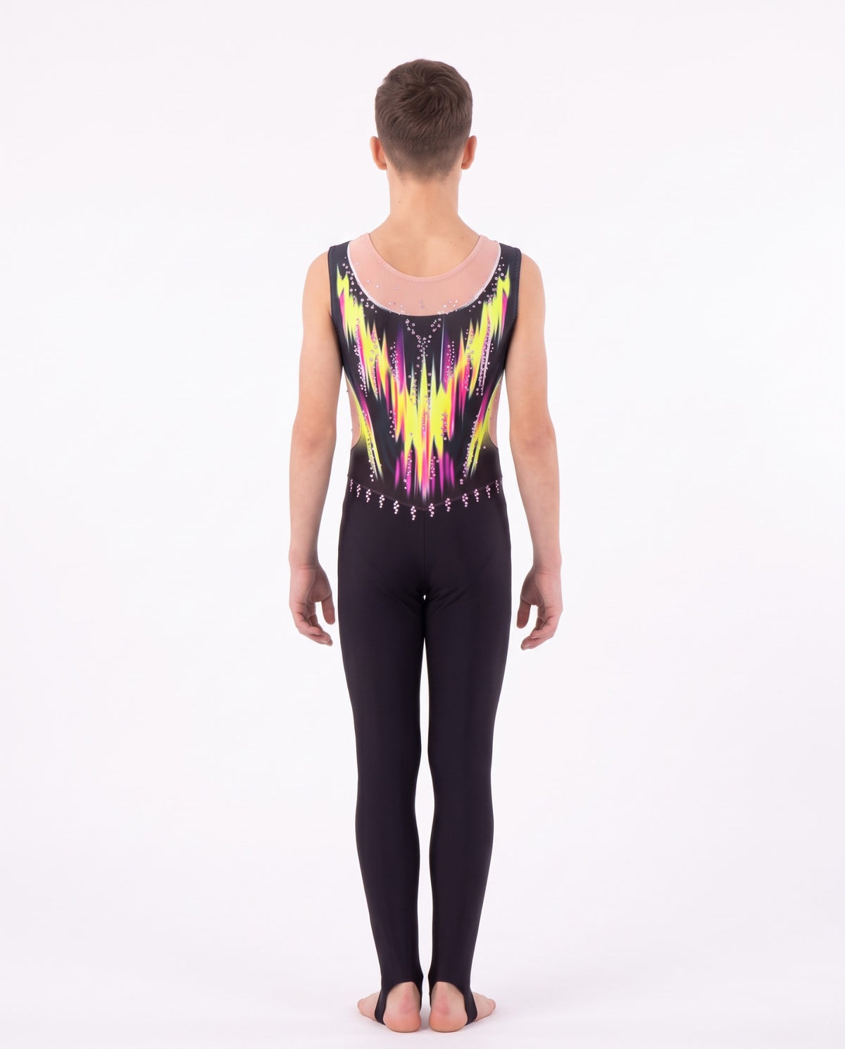 Retro della tuta di ginnastica ritmica Danna: fiamme giallo neon e fucsia, scollo color carne e gamba lunga con staffa.