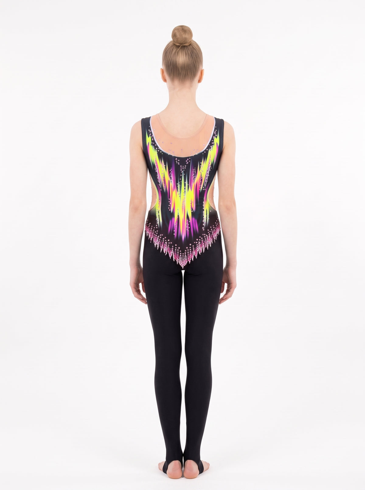 Retro della tuta di ginnastica ritmica Danna: fiamme giallo neon e fucsia, scollo color carne e gamba lunga con staffa.