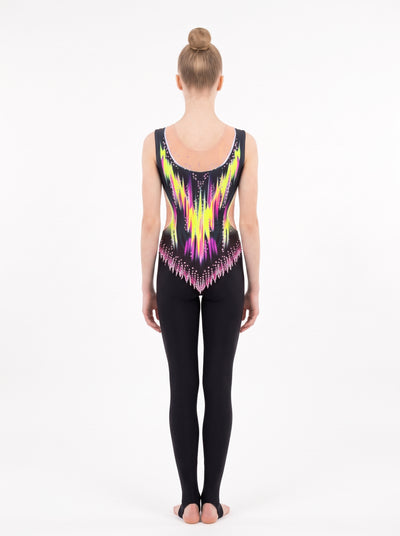 Retro della tuta di ginnastica ritmica Danna: fiamme giallo neon e fucsia, scollo color carne e gamba lunga con staffa.