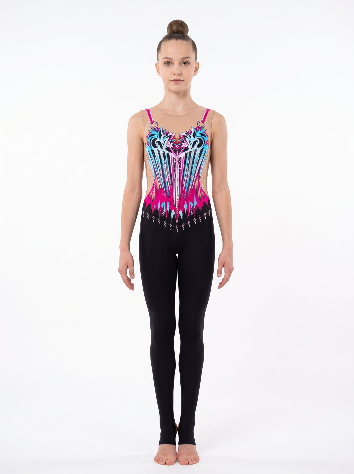 Tuta di ginnastica ritmica Florence vista di fronte: righe fucsia e azzurro cielo, spalline fucsia con anelli, senza maniche e gamba lunga nera.