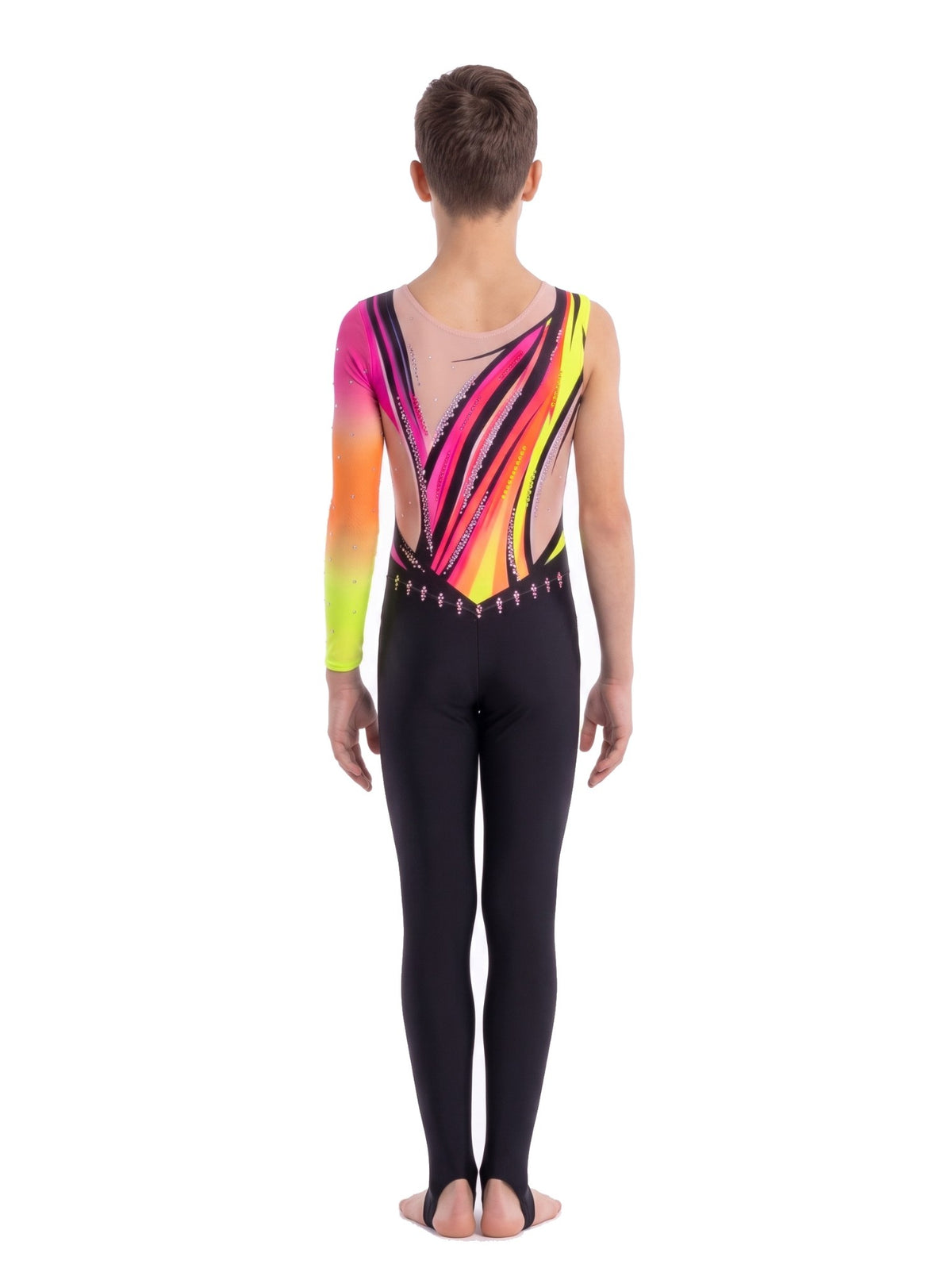Retro della tuta di ginnastica ritmica Lalo: fasce diagonali fucsia e giallo neon, scollo color carne e gamba lunga con staffa.