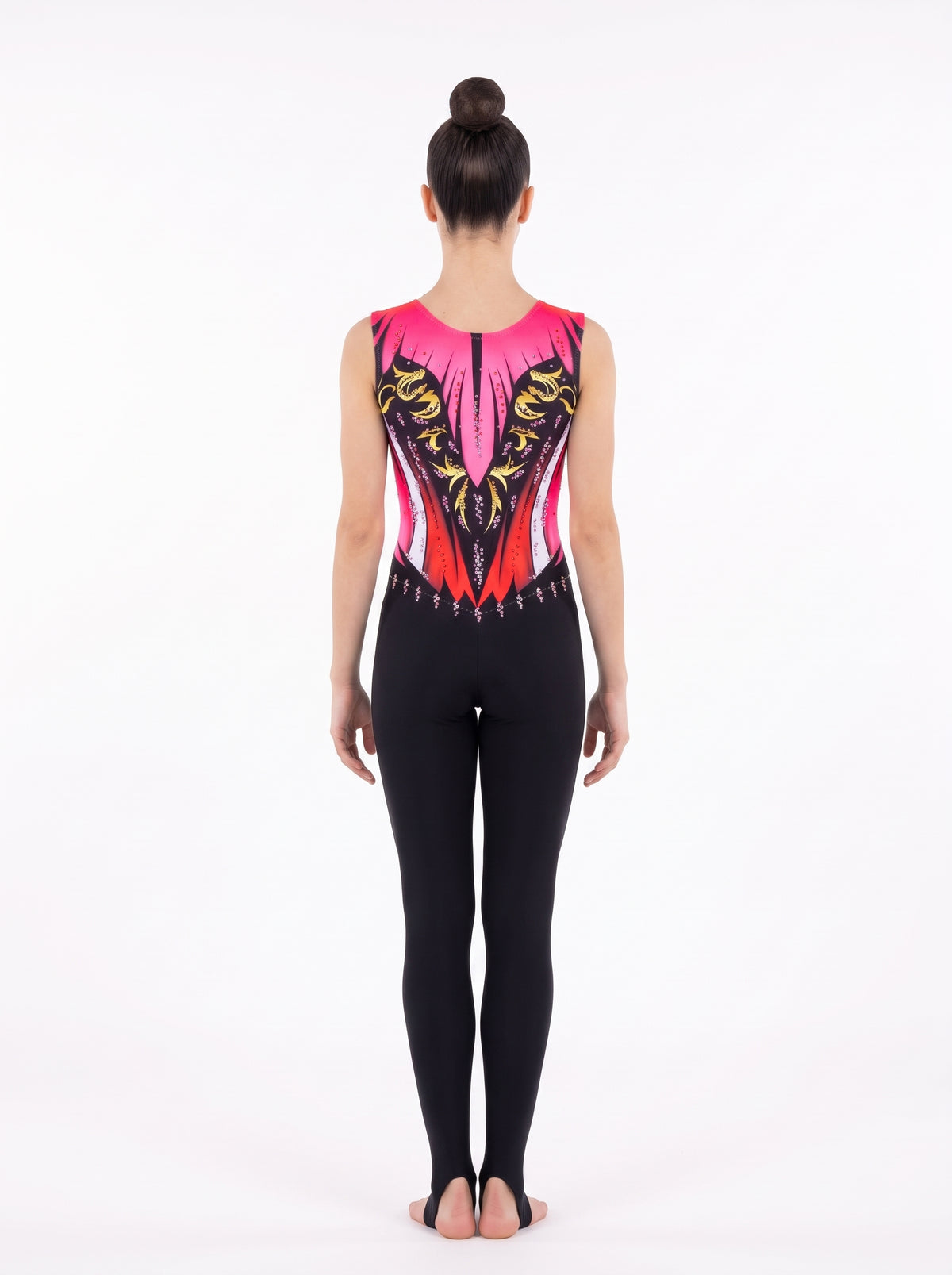 Retro della tuta di ginnastica ritmica New York: fucsia e corallo con volute dorate, senza color carne e gamba lunga con staffa.