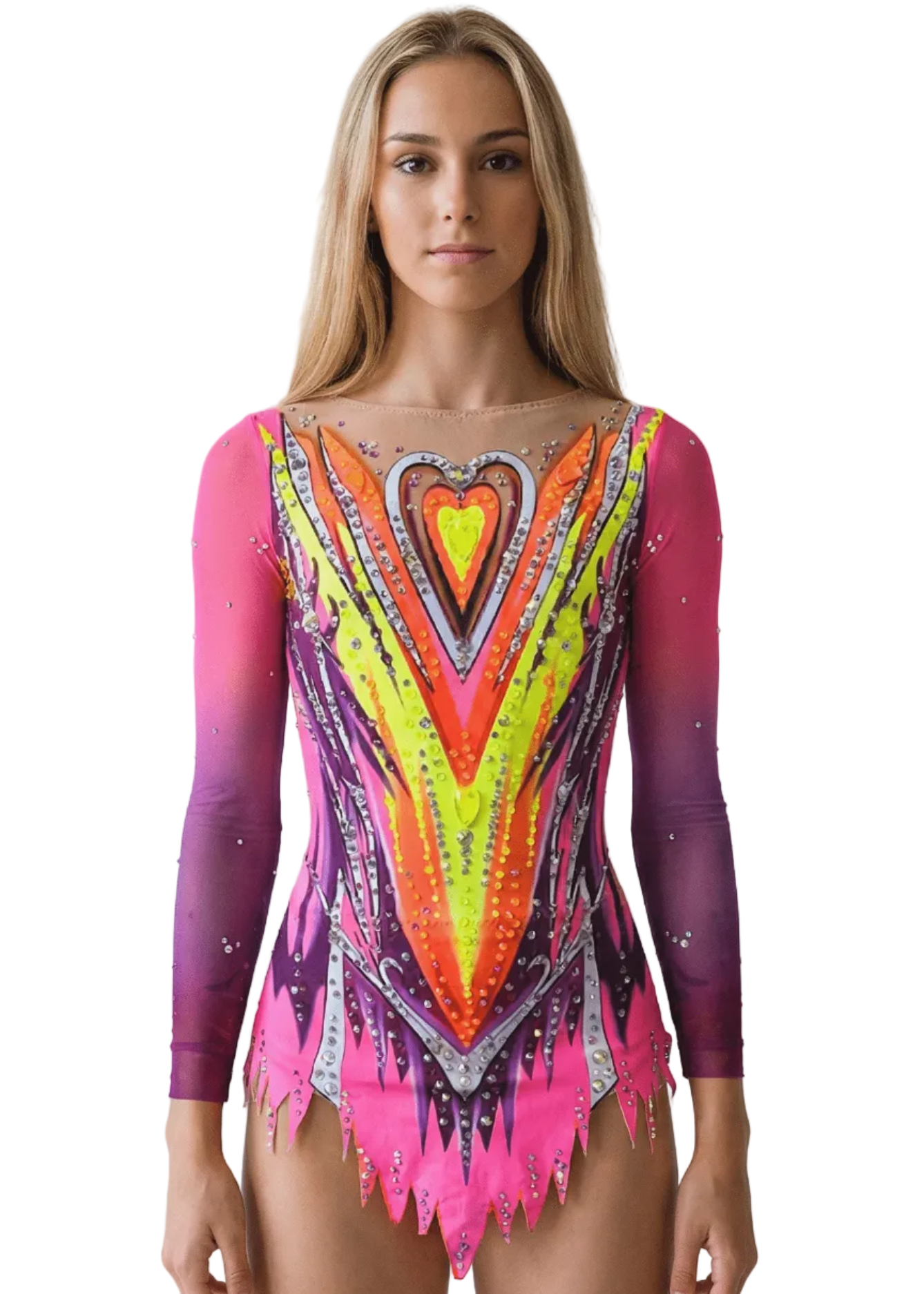 Body da gara per ginnastica ritmica rosa, fucsia e neon con maniche lunghe, strass brillanti, rete color nudo e design a V dinamico.
Body da ritmica fucsia e giallo neon con sfumature, abbondanti strass, maniche lunghe e motivi centrali a forma di cuore stilizzato.
Schiena di un body da ritmica rosa e neon con strass sparsi, rete color nudo e linee discendenti dallo stile vibrante.