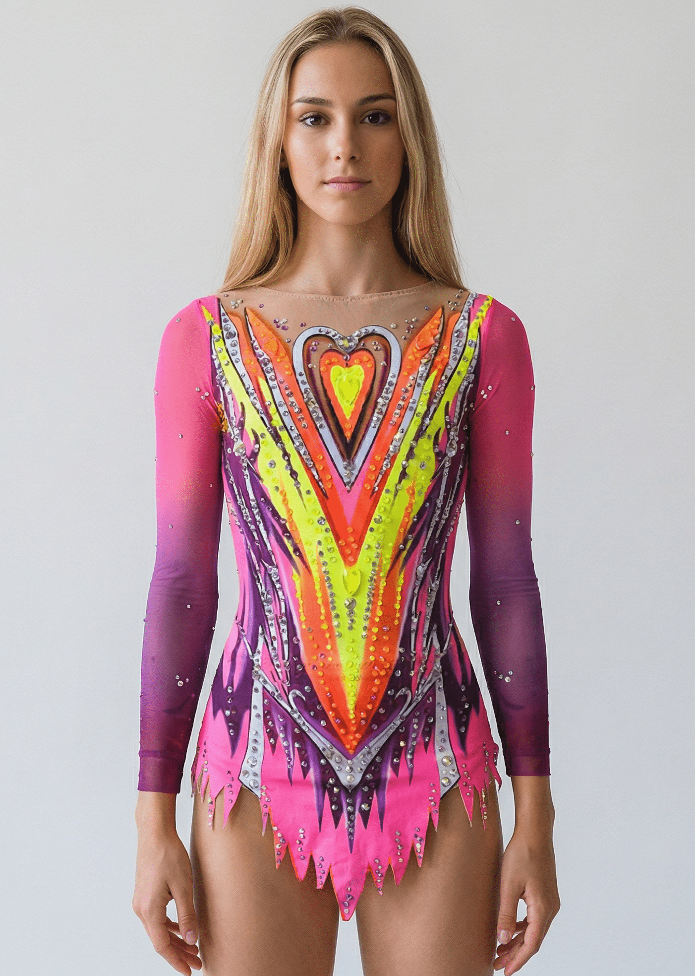 Maillot de gimnasia rítmica rosa, fucsia y neón con mangas largas, pedrería brillante, transparencias tono piel y diseño en V dinámico.
Maillot rítmico fucsia y amarillo neón con degradados, pedrería abundante, mangas largas y motivos centrales en forma de corazón estilizado.
Espalda de maillot rítmico rosa y neón con pedrería dispersa, transparencias tono piel y líneas descendentes de estilo vibrante.