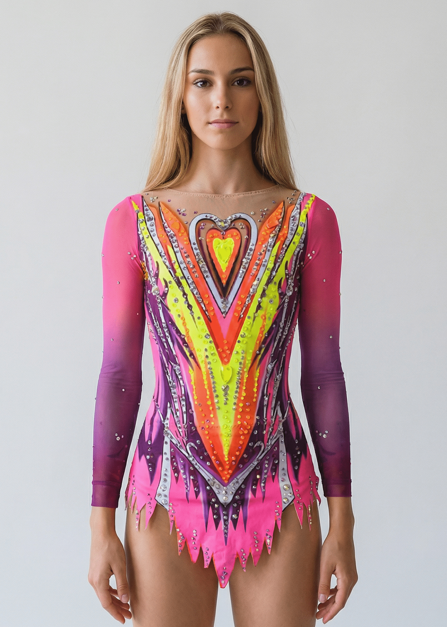 Maillot de gimnasia rítmica rosa, fucsia y neón con mangas largas, pedrería brillante, transparencias tono piel y diseño en V dinámico.
Maillot rítmico fucsia y amarillo neón con degradados, pedrería abundante, mangas largas y motivos centrales en forma de corazón estilizado.
Espalda de maillot rítmico rosa y neón con pedrería dispersa, transparencias tono piel y líneas descendentes de estilo vibrante.