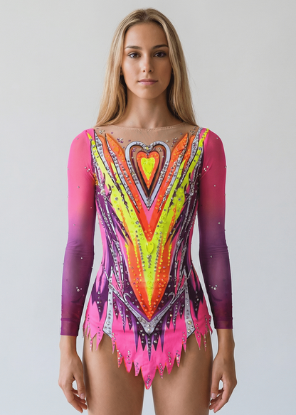 Maillot de gimnasia rítmica rosa, fucsia y neón con mangas largas, pedrería brillante, transparencias tono piel y diseño en V dinámico.
Maillot rítmico fucsia y amarillo neón con degradados, pedrería abundante, mangas largas y motivos centrales en forma de corazón estilizado.
Espalda de maillot rítmico rosa y neón con pedrería dispersa, transparencias tono piel y líneas descendentes de estilo vibrante.