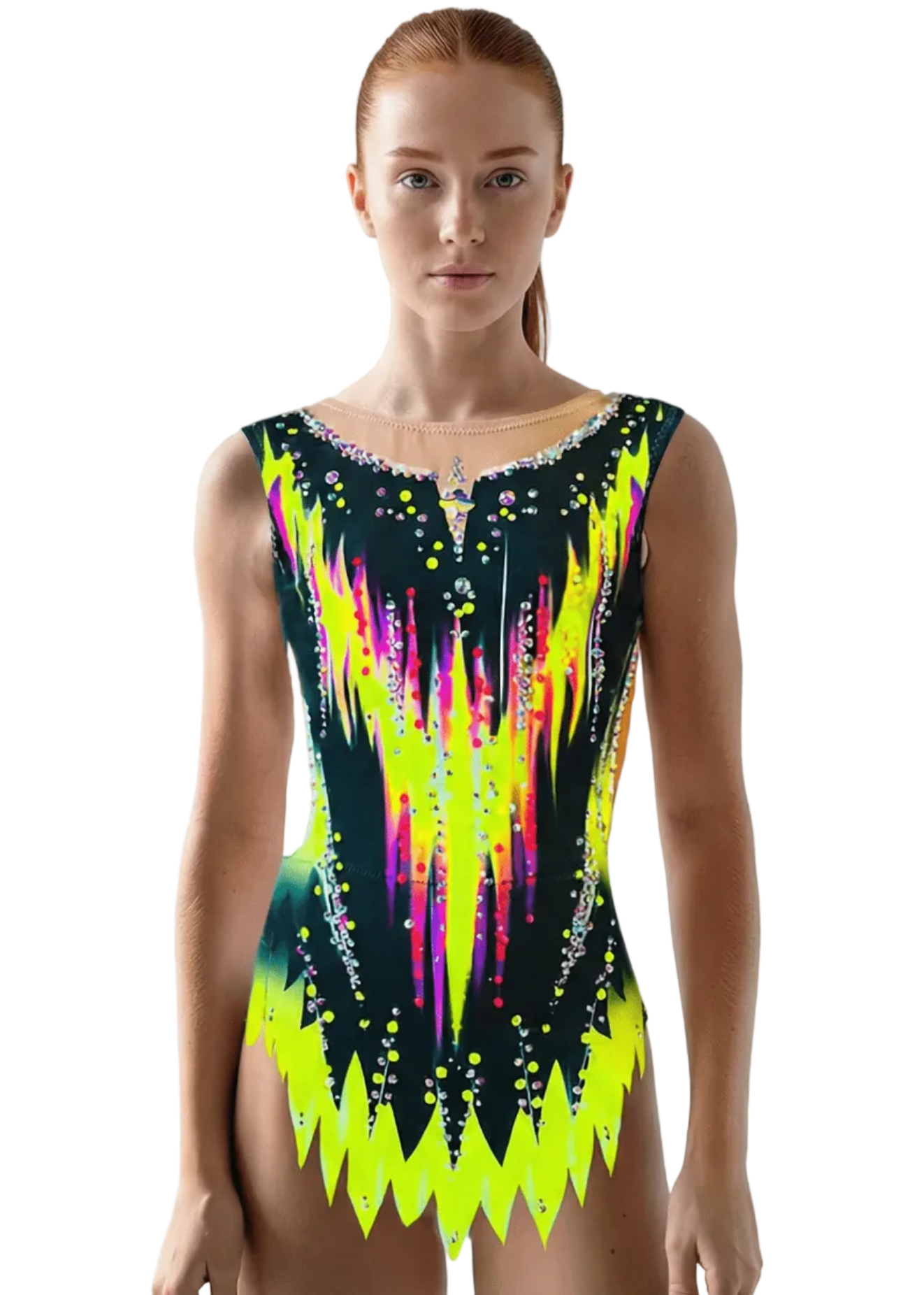 Body da gara per ginnastica ritmica nero con giallo neon e fucsia, strass brillanti, trasparenze superiori e design frontale dinamico a punta.
Body da ritmica scuro con dettagli giallo neon e fucsia, abbondanti strass, sottili trasparenze e stile frontale vibrante con linee ascendenti.
Body da gara per ginnastica ritmica nero con accenti neon e strass, trasparenze e presunto motivo posteriore con linee energetiche ascendenti.