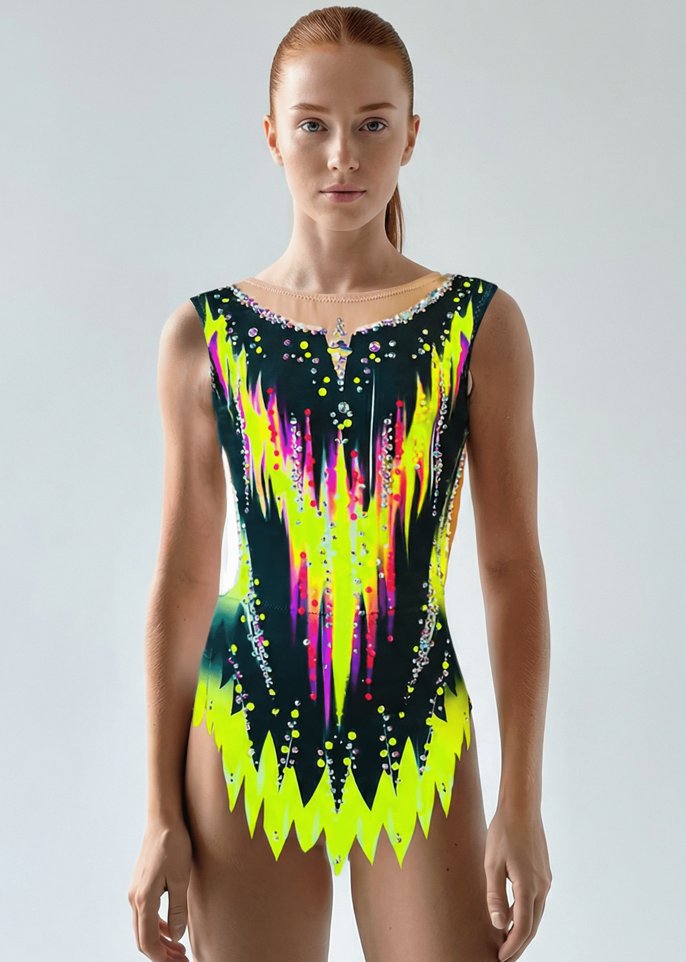 Maillot de gimnasia rítmica negro con amarillo neón y fucsia, pedrería brillante, transparencias superiores y diseño frontal dinámico afilado.
Maillot rítmico oscuro con detalles amarillo neón y fucsia, pedrería abundante, transparencias sutiles y estilo frontal vibrante de líneas ascendentes.
Maillot de gimnasia rítmica negro con acentos neón y pedrería, transparencias y patrón posterior presumible de líneas energéticas ascendentes.