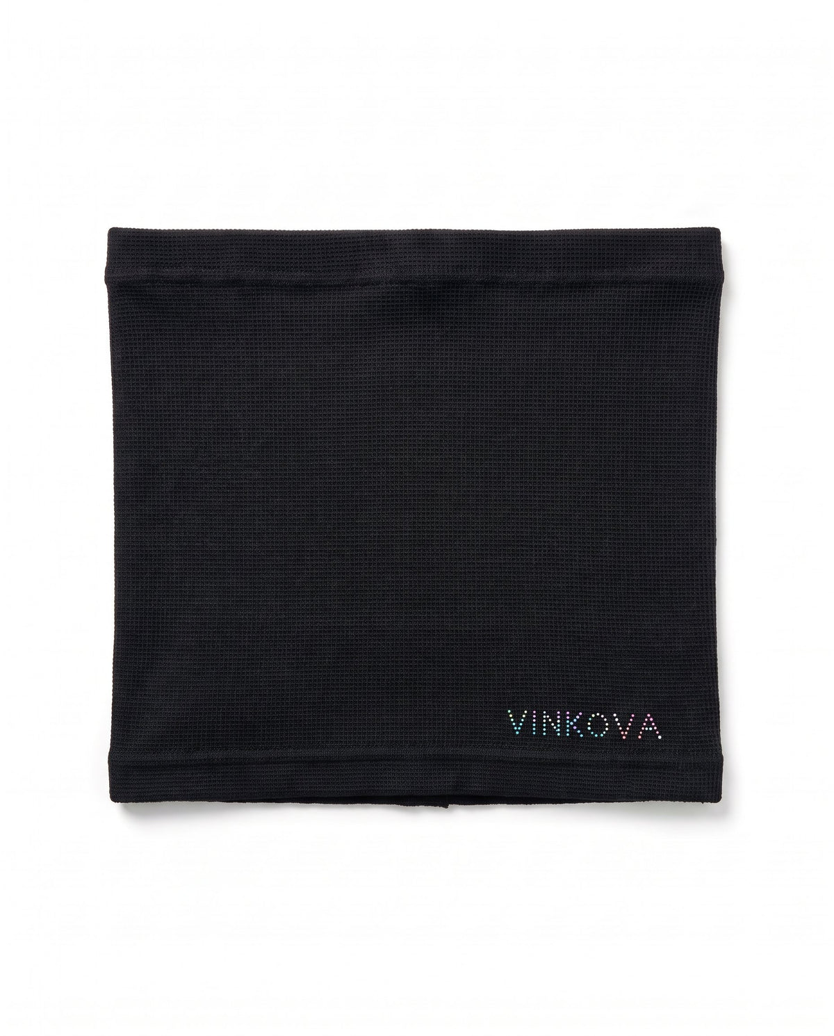 Fascia scaldavita da ginnastica ritmica Vinkova, colore nero, distesa, con logo VINKOVA a puntini