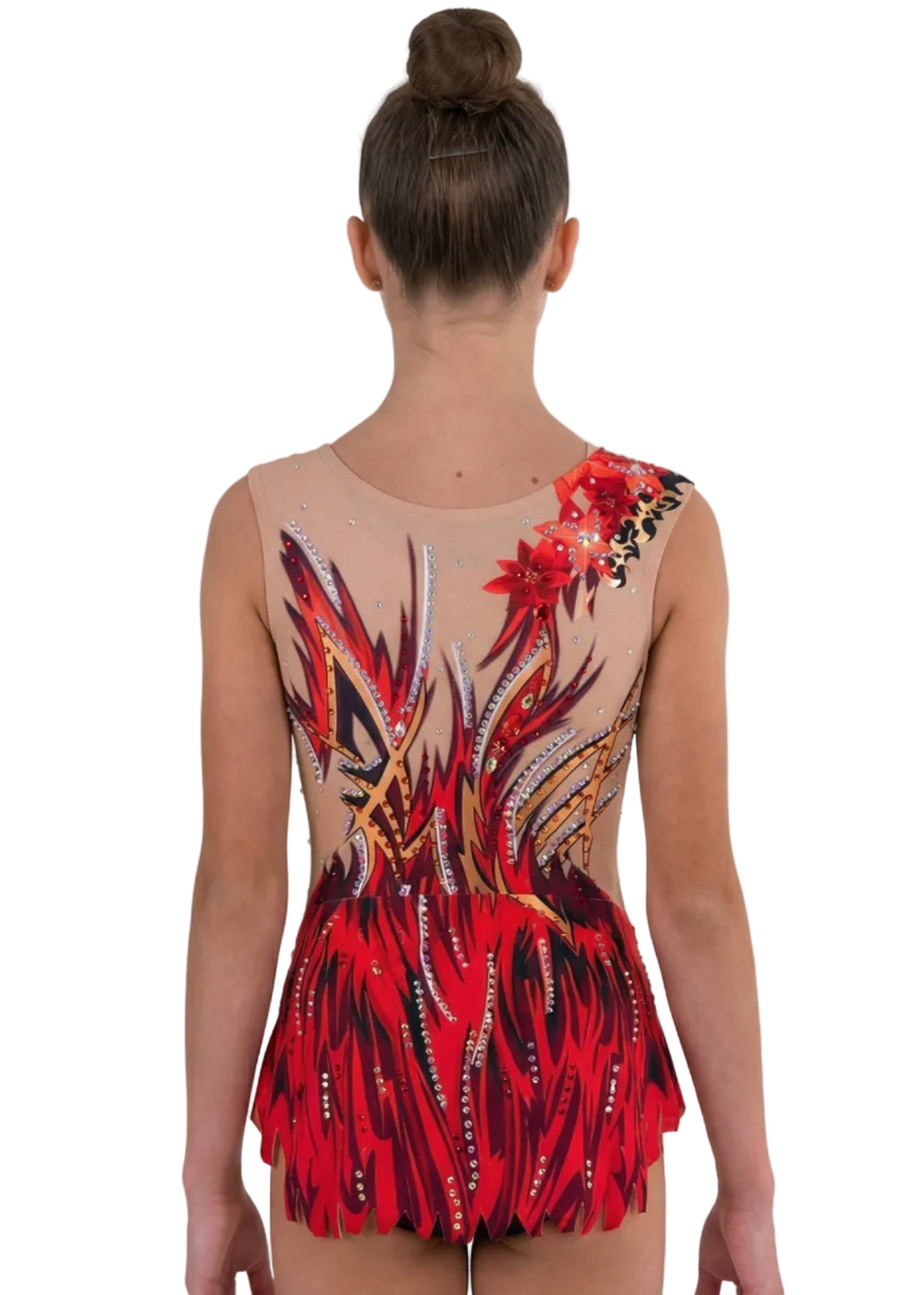 Body da gara per ginnastica ritmica visto di schiena con base chiara, strass sparsi e fiamme rosse e nere in un design fluido.