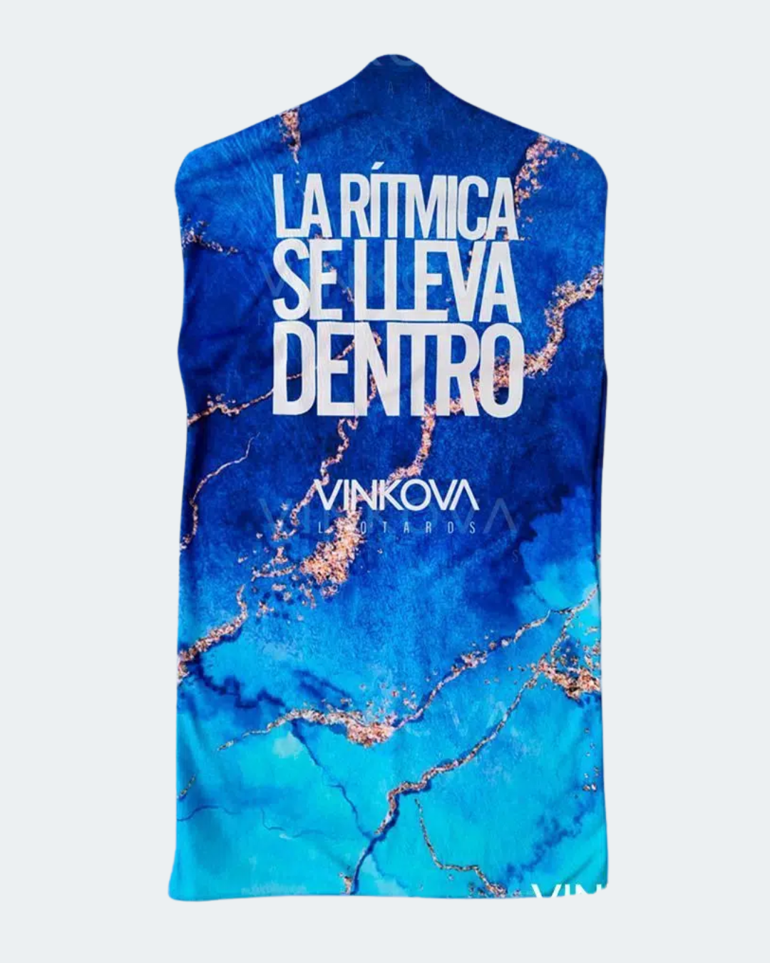 Custodia per body da ginnastica ritmica Elba Vinkova, stampa blu e oro, lato con slogan.