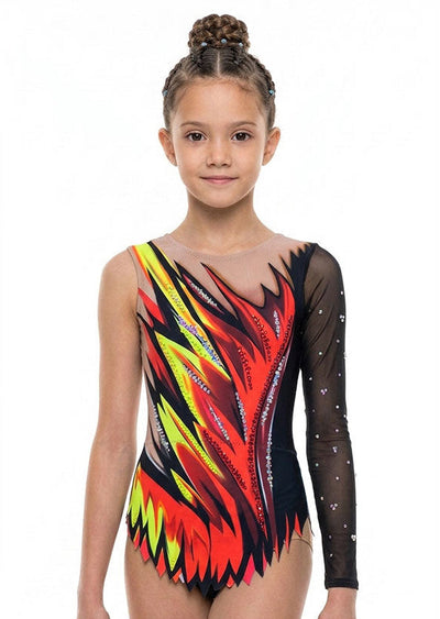 Body da ritmica professionale con gonnellino a punte e design vibrante effetto fuoco.