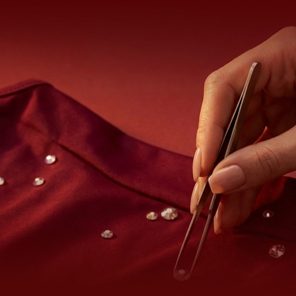 Pinzetta che applica strass su un body bordeaux.