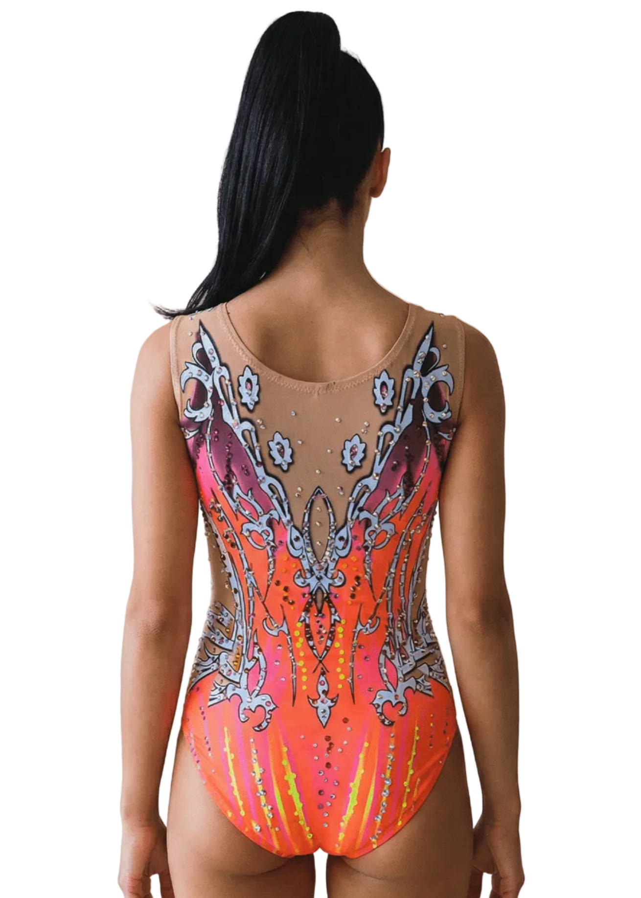 Schiena di body da ritmica rosa e arancione neon con trasparenze color nudo, strass brillanti e ornamenti simmetrici in stile elegante.
Schiena di body da ginnastica ritmica in rosa e arancione neon con strass sparsi, trasparenze color nudo e design ornamentale dettagliato.
Schiena di body da ritmica rosa e arancione neon con motivi decorativos, strass abbondanti e finitura vibrante.