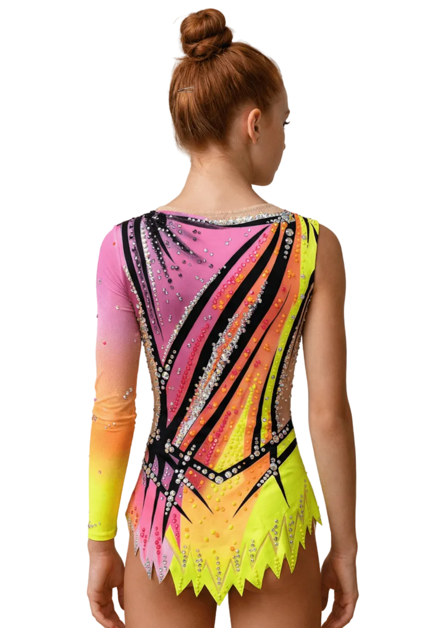 Schiena di un body da ritmica rosa e giallo neon con strass brillanti, sfumature vivaci e linee nere dinamiche in stile vibrante.
Schiena di un body da gara per ginnastica ritmica in rosa e giallo neon con abbondanti strass, sfumature calde e design grafico ascendente.
Schiena di un body da ritmica neon rosa e giallo con linee nere marcate, strass sparsi e gonnellino sagomato in stile energico.