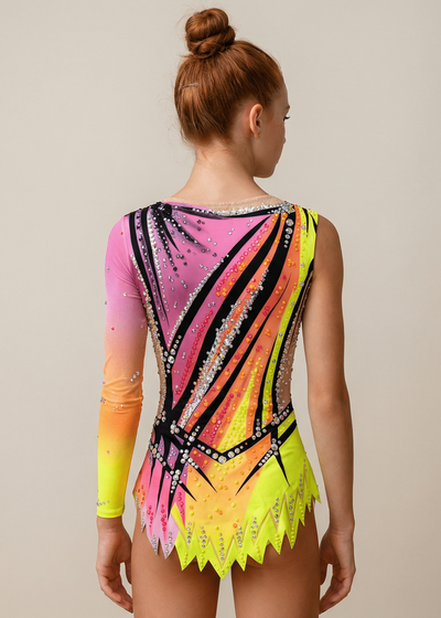 Schiena di un body da ritmica rosa e giallo neon con strass brillanti, sfumature vivaci e linee nere dinamiche in stile vibrante.
Schiena di un body da gara per ginnastica ritmica in rosa e giallo neon con abbondanti strass, sfumature calde e design grafico ascendente.
Schiena di un body da ritmica neon rosa e giallo con linee nere marcate, strass sparsi e gonnellino sagomato in stile energico.